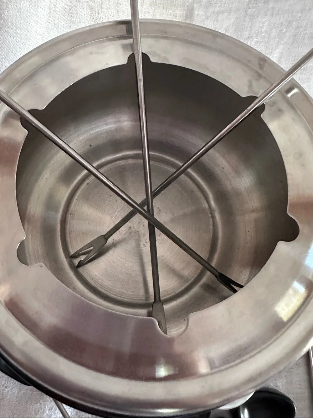 Stainless Steel Fondue Pot Set with Black Stand and Wood-Handled Forks